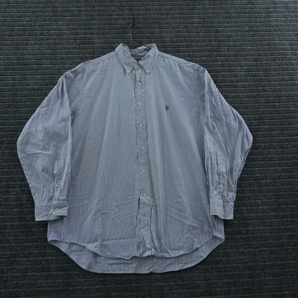 VTG Ralph Lauren Yarmouth Button Down 17-35 Blue White Striped Flesh Pony Shirt
